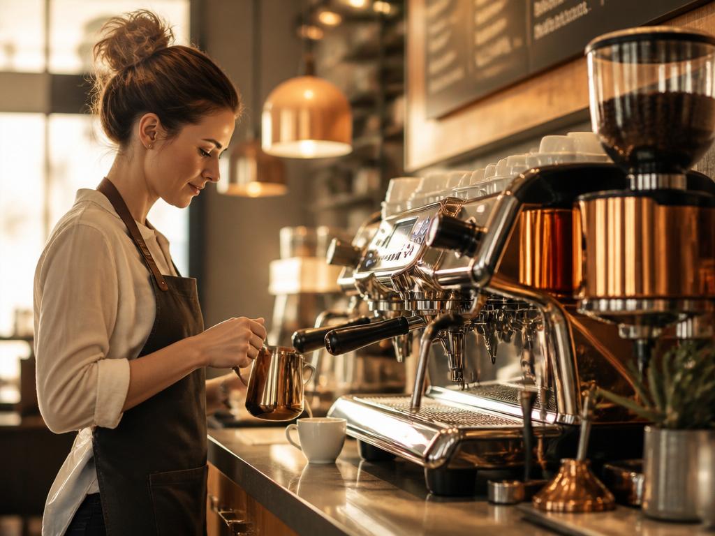 Professional espresso machine in a modern café with copper accents