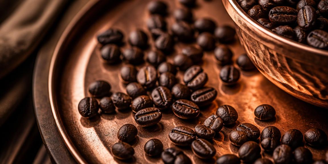 Dark roasted coffee beans scattered on a warm copper tray